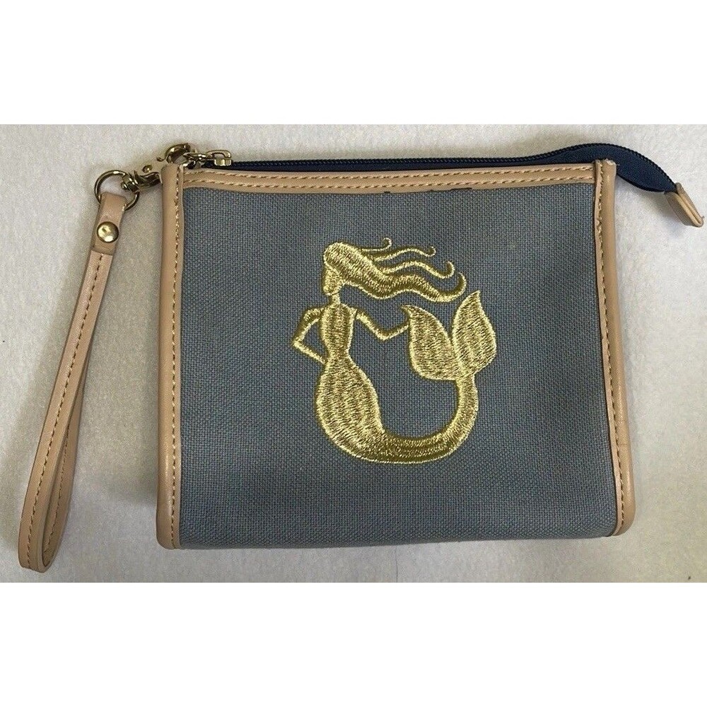 SPARTINA 449 Sandstone Blue Gold Metallic Mermaid Linen Denim Handbag Wristlet